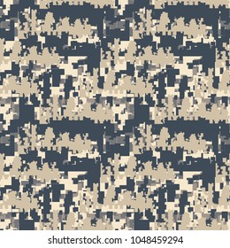 Pixel camo seamless pattern. Navy, beige and khaki urban digital camouflage. Vector fabric textile, repeat print design, wallpaper or backdrop