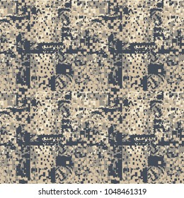 Pixel camo seamless repeating pattern.  Navy and beige urban digital camouflage. Vector fabric textile, repeat print design, wallpaper or backdrop
