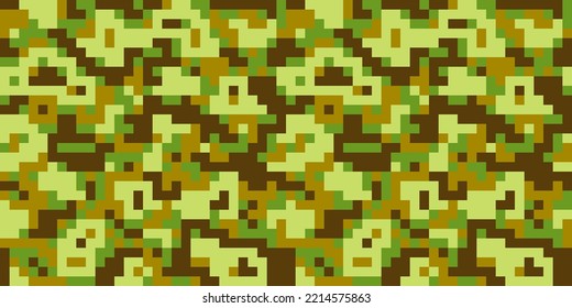 Pixel camouflage, seamless pattern, army camouflage background, military uniform, clothes for a soldier. Green and brown spots, khaki, abstraction. Stock vector illustration.