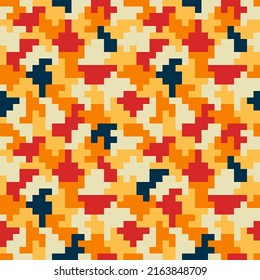 Pixel camouflage seamless pattern in fiery tones. Vector illustration for print, fabric, cover, packaging, interior decor, blog decoration and other your projects.