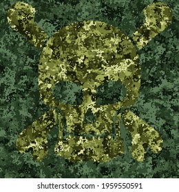 Pixel camouflage with skull and bones. Jolly Roger. Green shades. Editable. Seamless.