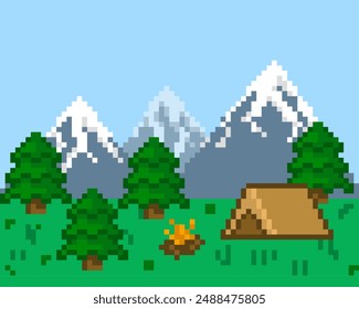 Pixel de fondo de camping. Fondo del juego con los pinos, las montañas y la tienda. Fondo de Vector de 8 bits