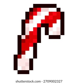Pixel candy cane in retro 8 bit style with white and red stripes. Festive christmas and new year icon for winter games, stickers, greeting cards, cozy holiday prints and seasonal projects and decor.