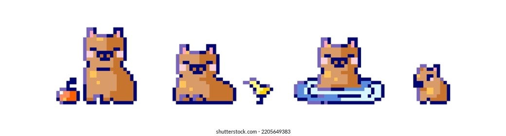 Conjunto de ilustraciones Pixel Capybara. Colección de íconos de chivo de pixel de arte y capibara. Ilustraciones lindas de sticker de activos de estilo de juegos de 8 bits de los años 90. Caracteres divertidos de capibara pixelados.