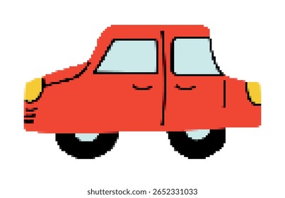 Pixel Car. Vue latérale de transport du dessin Enfants 8 bits. Retro berline rouge de jeu avec des détails simples. Enfants isolés jouet Automobile. Véhicule, rouler, roues. Image couleur primitive. Illustration vectorielle