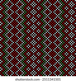 tapete de pixel. mão desenhada branco vermelho quadrados verdes. vetor padrão contínuo. arte decorativa popular. fundo repetitivo preto. amostra de tecido geométrico. papel de embrulho. modelo de design têxtil
