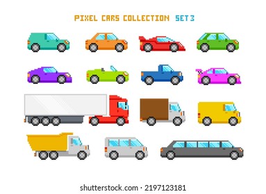 Pixel Cars set for retro game design. 8-bit game style pixel graphics city transport. Editable pixel Racing Cars. Isolated vector illustration