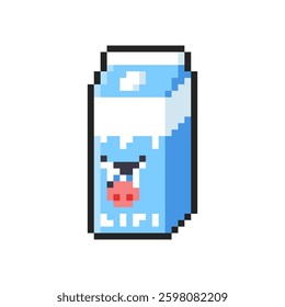 Pixel carton milk isolated on transparent background. Pixelated badge, game asset or computer arcade item. Milk box icon. Vector pixel art illustration in 16 bit old style.