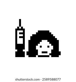 Pixel cartoon 8bit character lady woman sad tired sick feel syringe treat care decoration 8 bit female girl sick 8bit isolated vector.