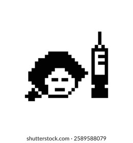 Pixel cartoon 8bit character lady woman sad tired sick feel syringe treat care decoration 8 bit female girl sick 8bit isolated vector.