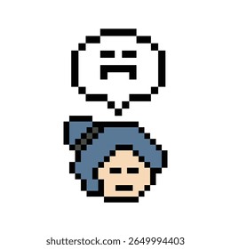 Pixel cartoon 8bit character lady woman feel sad tired mood stress sick unhappy stress depressed feel decoration 8 bit female girl bored feel 8bit isolated vector.