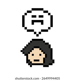 Pixel cartoon 8bit character lady woman feel sad tired mood stress sick unhappy stress depressed feel decoration 8 bit female girl bored feel 8bit isolated vector.