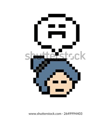 Pixel cartoon 8bit character lady woman feel sad tired mood stress sick unhappy stress depressed feel decoration 8 bit female girl bored feel 8bit isolated vector.
