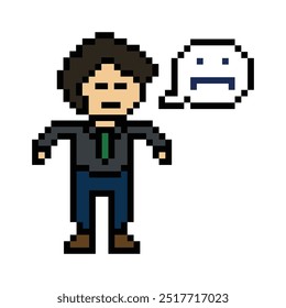 Pixel cartoon 8bit character man sad tired mood stress sick unhappy feel decoration 8 bit male boy bored feel with isolated vector.