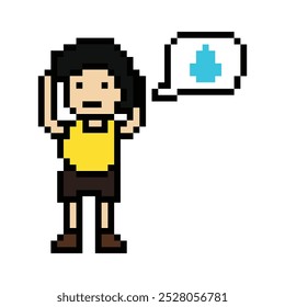 Pixel cartoon 8bit character man sad tired mood stress sick unhappy feel decoration 8 bit male boy bored feel with isolated vector.