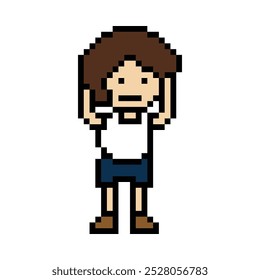 Pixel Cartoon 8bit Charakter Mann traurig müde Stimmung Stress krank unglücklich Gefühl Dekoration 8 bit männlich Junge gelangweilt Gefühl mit isolierten Vektor.