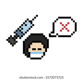 Pixel cartoon 8bit character man sick medicine patient remedy sick unwell feel decoration 8 bit male boy drug pill 8bit isolated vector.