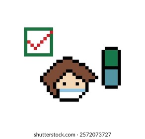 Pixel cartoon 8bit character man sick medicine patient remedy sick unwell feel decoration 8 bit male boy drug pill 8bit isolated vector.