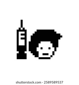 Pixel cartoon 8bit character man boy sad tired sick feel syringe treat care decoration 8 bit male man sick 8bit isolated vector.