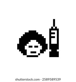 Pixel cartoon 8bit character man boy sad tired sick feel syringe treat care decoration 8 bit male man sick 8bit isolated vector.