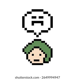Pixel cartoon 8bit character man feel sad tired mood stress sick unhappy stress depressed feel decoration 8 bit male boy bored feel 8bit isolated vector.