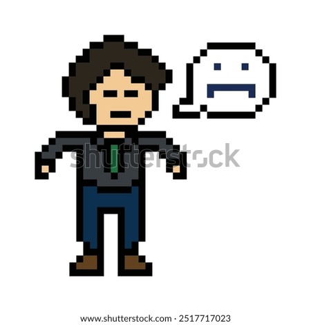 Pixel cartoon 8bit character man sad tired mood stress sick unhappy feel decoration 8 bit male boy bored feel with isolated vector.