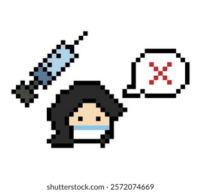 Pixel cartoon 8bit character woman sick medicine patient remedy sick unwell feel decoration 8 bit female girl lady drug pill 8bit isolated vector.