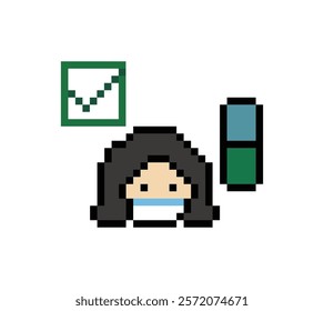 Pixel cartoon 8bit character woman sick medicine patient remedy sick unwell feel decoration 8 bit female girl lady drug pill 8bit isolated vector.