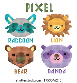 Pixel cartoon animal set with raccoon, lion, bear and panda, vector illustration