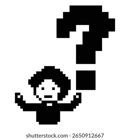 Homem de personagem de desenho animado pixel com ponto de interrogação decoração 8 bit masculino menino bonito confuso ideia pergunta questionário questionário escolher desenho de pixel jogo vetor de 8 bits.