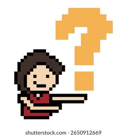 Homem de personagem de desenho animado pixel com ponto de interrogação decoração 8 bit masculino menino bonito confuso ideia pergunta questionário questionário escolher desenho de pixel jogo vetor de 8 bits.