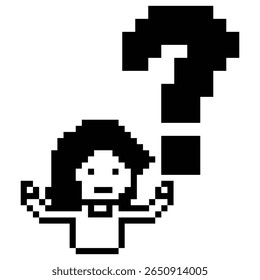Mulher de personagem de desenho animado pixel com ponto de interrogação decoração 8 bit bonito menina senhora confuso ideia ponto de interrogação pensar questionário escolher desenho de pixel jogo vetor 8bit.