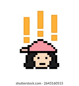 Pixel cartoon cute character woman notice with exclamation mark decoration 8 bit female girl lady surprise idea exclamation alert cartoon pixel game 8bit vector.