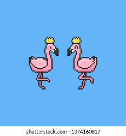 Pixel cartoon flamingo with crown.8bit.summer.