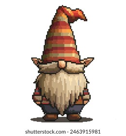 Pixel cartoon garden gnome. Gnome icons set in pixel art design isolated on white background, 80s-90s, digital vintage game style.