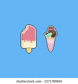 Pixel cartoon ice creams with bite.8bit summer.