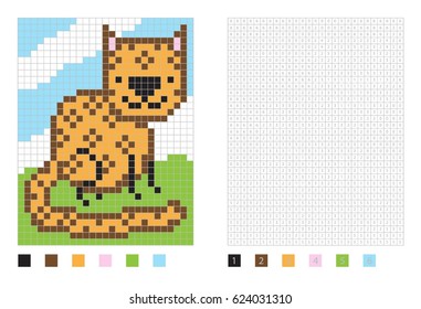 Pixel cartoon leopard in the coloring page with numbered squares, vector illustration