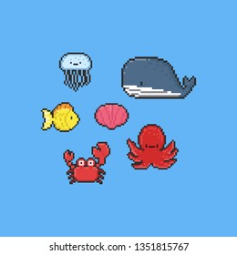 Pixel cartoon sea animal collection.8bit.