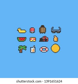 Pixel cartoon summer icon set.8bit.