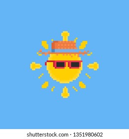 Pixel Cartoon Sun With Pink Sunglasses And Hat.8bit Summer.