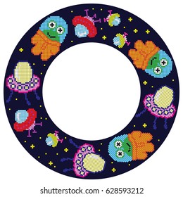 Pixel cartoon ufo and pixel alien frame, vector illustration