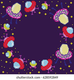 Pixel cartoon ufo frame, vector illustration