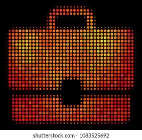 Pixel case icon. Bright pictogram in fire color shades on a black background. Vector halftone collage of case symbol created with circle points.