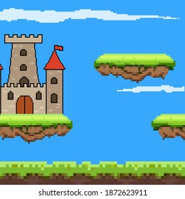 Pixelburg. Pixel-Kunstspiel-Hintergrund. Boden, Gras, Himmel, Schloss und Wolken. Pixelkunst. Spieldesign. 8 Bit. 
