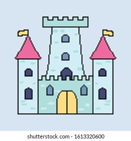 Pixel castle for games and web sites. Castles and fortresses vector icons. Pixel art. Old school computer graphic style.8 bit.