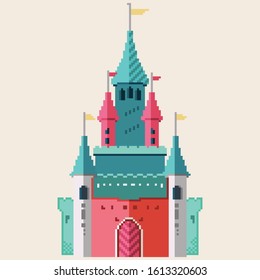 Pixel castle for games and web sites. Castles and fortresses vector icons. Pixel art. Old school computer graphic style.8 bit.