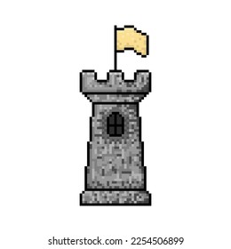 Pixel castle tower with flag icon. Color silhouette. Front side view. Editable pixels. Vector simple flat graphic illustration. Isolated object on a white background. Isolate.