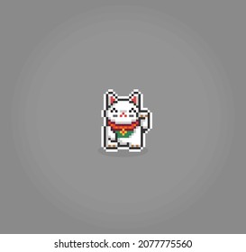 Pixel cat 8 bit. The Lucky cat, Maneki Neko in vector illustration.