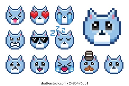 Pixel cat, pixel emoji set, blue cat, pixel emoji pack, pixel art, set of emotions in vector, cat icons, cute funny faces, emoticon, 8bit, set of 11 colored blue cat emojis