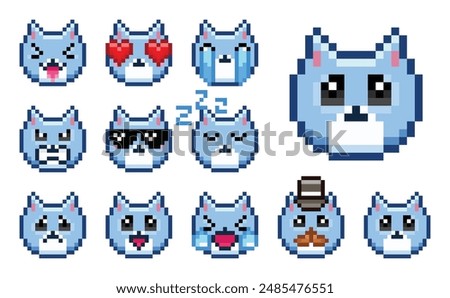 Pixel cat, pixel emoji set, blue cat, pixel emoji pack, pixel art, set of emotions in vector, cat icons, cute funny faces, emoticon, 8bit, set of 11 colored blue cat emojis